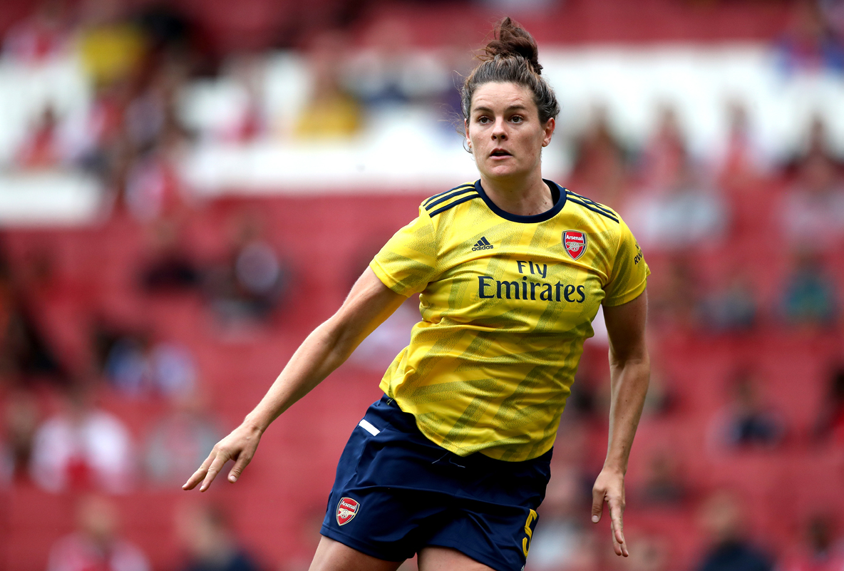 Manchester, UK. 13th Dec, 2020. Jennifer Beattie (#5 Arsenal) wearing a  special warm-up shirt and pink boots for cancer awareness prior to the FA  Women's Super League match between Manchester City and