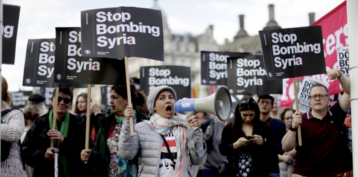 Anti-Syria war demonstrators, London, 16 April 2018