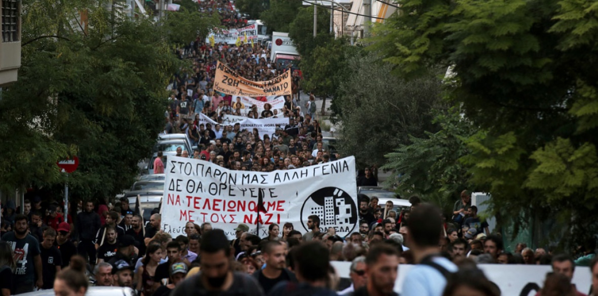 A huge demonstration in Piraeus, Athens, Greece this week. The front banner reads in red 'finish with the nazis.' Demos marked the fifth anniversary of the murder of rapper Pavlos Fyssas