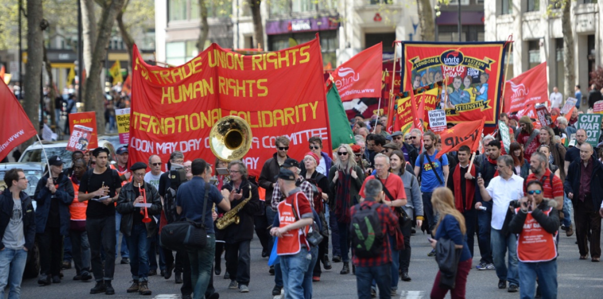 Thousands march to Trafalgar Square in central London, England to celebrate workers' achievements at a May Day rally in 2016