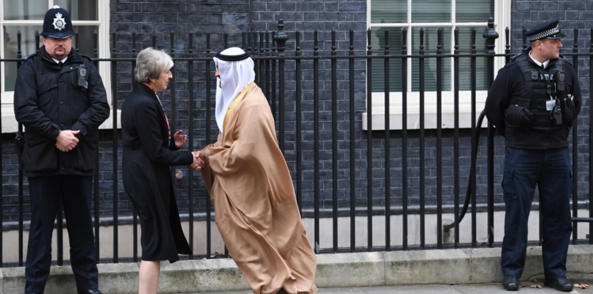 British Conservative Prime Minister Theresa May shakes hands with Sheikh Mohamed bin Zayed Al Nahyan, Crown Prince of UAE member state Abu Dhabi in 2017