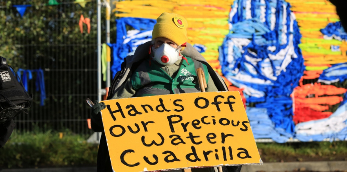 Fracking protesters outside energy firm Cuadrilla's site in Preston New Road, Little Plumpton, near Blackpool, England in October 2018
