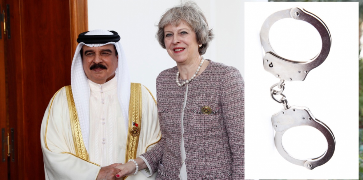 British Conservative prime Minister Theresa May shakes hands with Bahrain's king Hamad Bin Isa Khalifa in Manama, Bahrain, in 2016; and shackles for Bahraini political prisoners