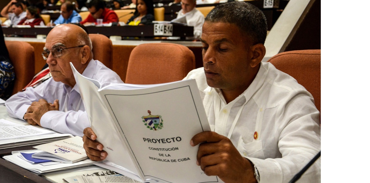 A member of Cuba's National Assembly studies the draft constitution