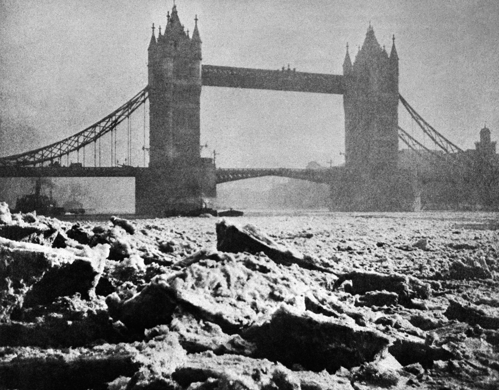 The frozen River Thames at Tower Bridge, 1895