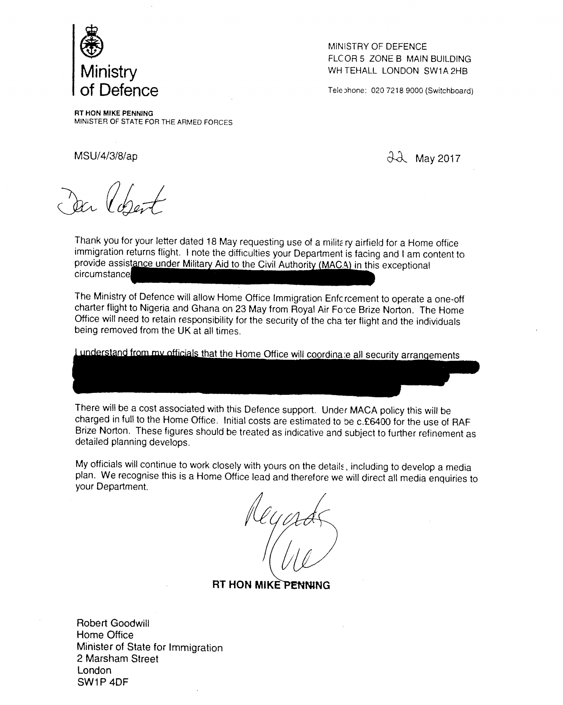 Then Tory defence minister Mike Penning's letter to then immigration minister Robert Goodwill