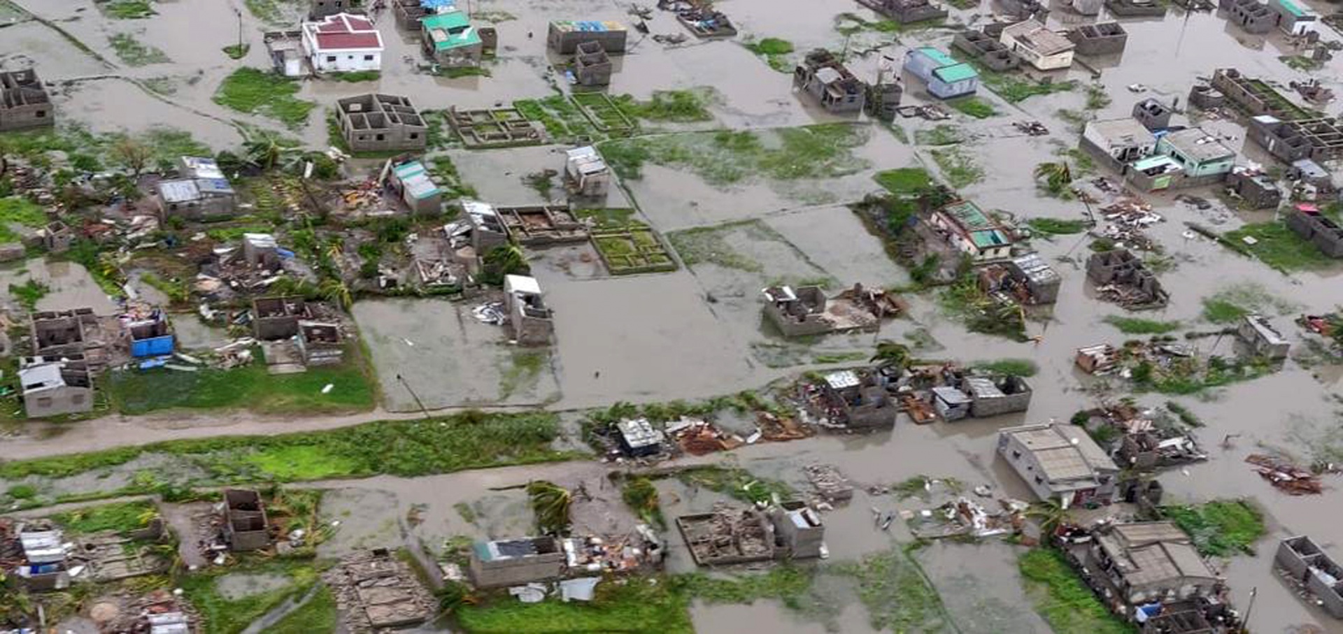 An aerial view from a helicopter of flooding in Beira, Mozambique. The Red Cross says that as much as 90 percent of Mozambique's central port city of Beira has been damaged or destroyed by tropical Cyclone Idai