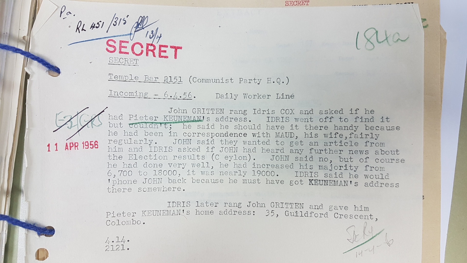 MI5 bugged a phone call from a Daily Worker journalist about the election of communist Pieter Keuneman to Ceylon's Parliament in 1956