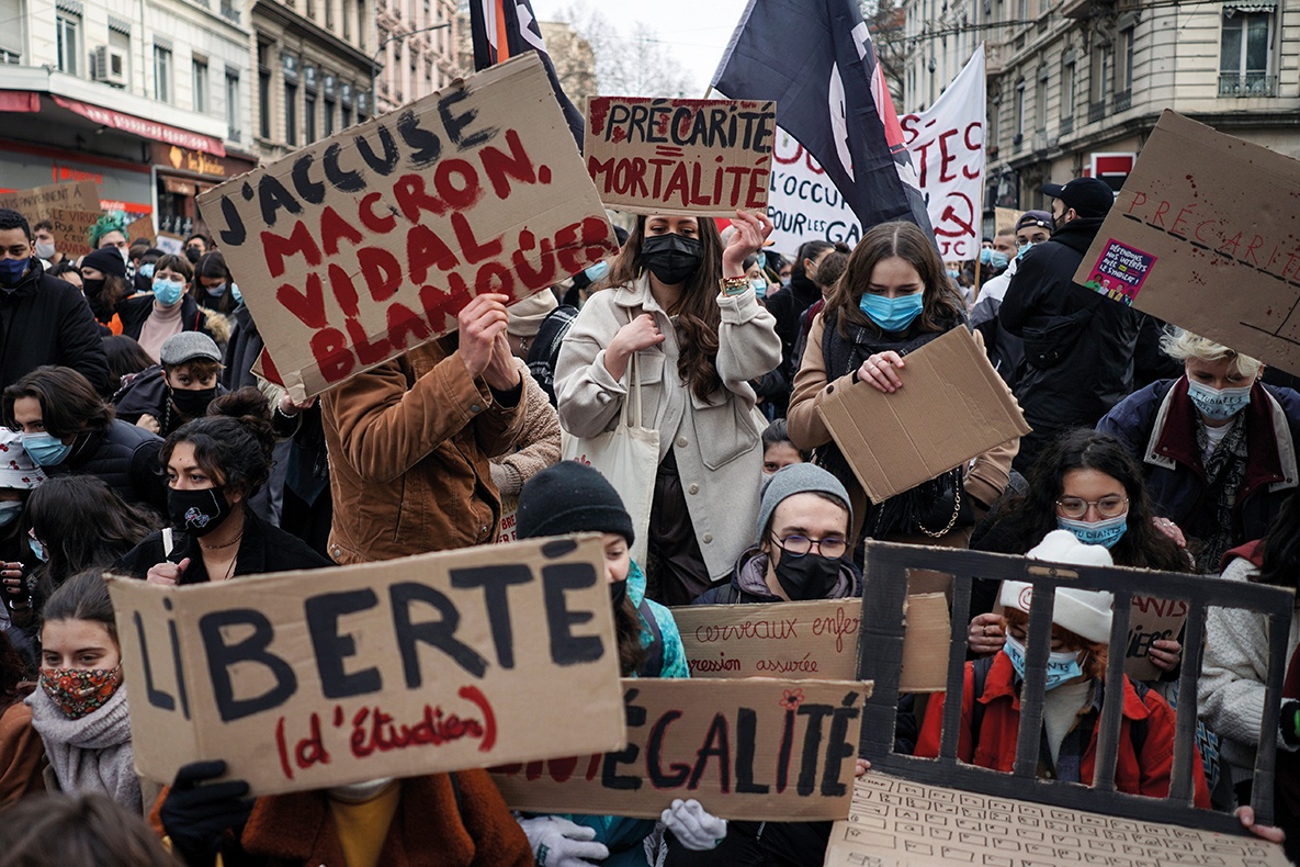  Students on a joint march with university lecturers in Lyon to demand more government support for education as the coronavirus pandemic drags on