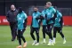 Liverpool's Mohamed Salah (centre) and Hugo Ekitike during a training session at the AXA Training Centre, Liverpoo, January 20, 2026