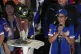 Venezuela's acting President Delcy Rodriguez (right) speaks next to the World Baseball Classic trophy a day after her team's victory over the United States in the championship match, at Miraflores presidential palace in Caracas, Venezuela, March 18, 2026