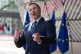 Estonia's Defense Minister Hanno Pevkur speaks with the media as he arrives for a meeting of EU defense ministers at the European Council building in Brussels, May 12, 2026