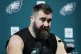 Philadelphia Eagles' Jason Kelce speaks during an NFL footba