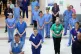 NHS staff observe the minute's silence on Workers' Memorial 