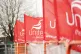 Unite union flags flown on a picket line at Heathrow Airport