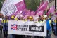 Steelworkers and union officials march down Whitehall in Lon