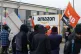 Amazon staff members on a GMB union picket line outside the 